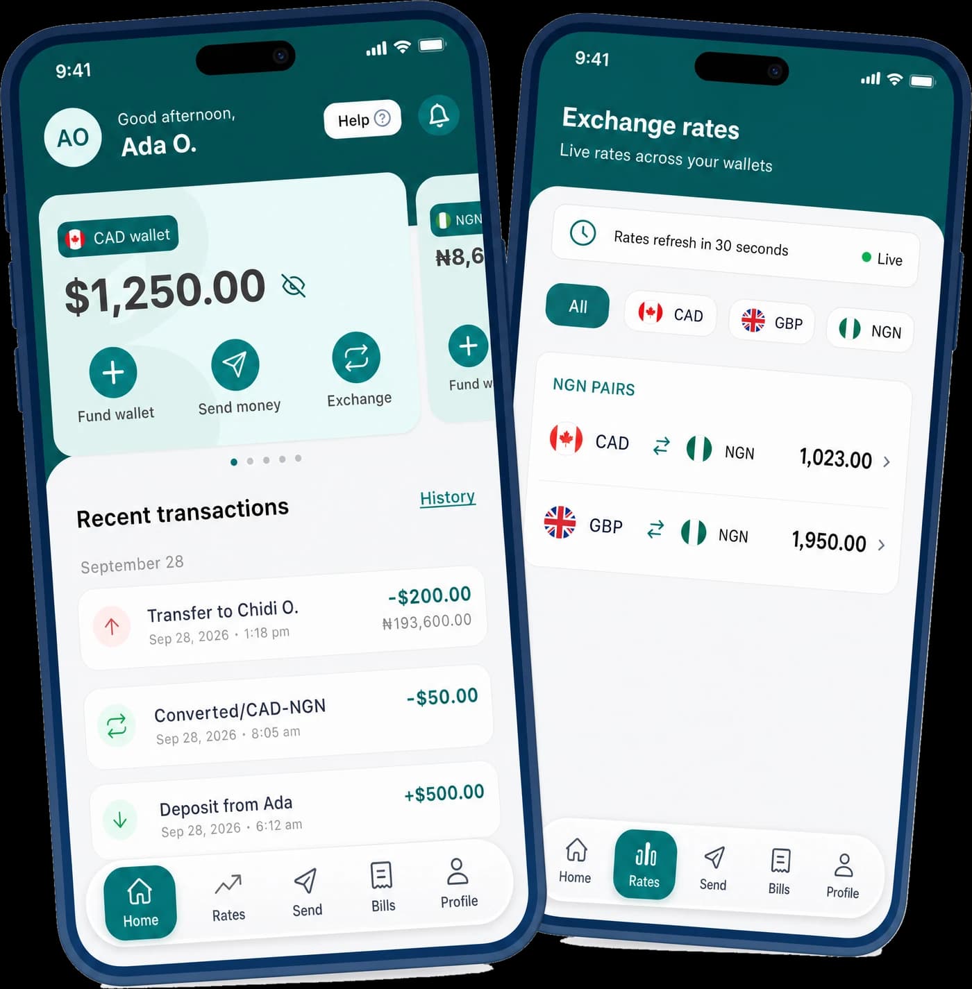 The Payva app home screen and live exchange rates